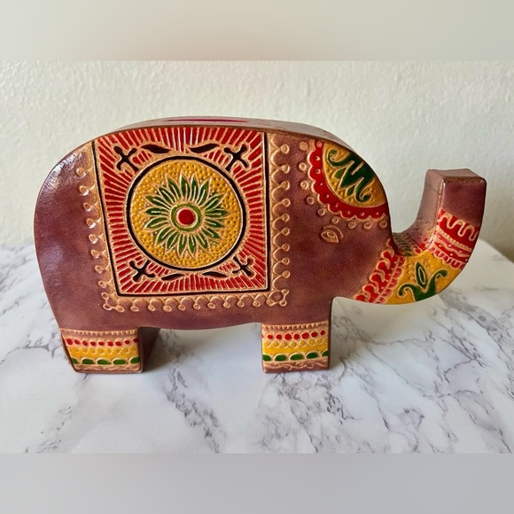 Unbranded Other - Handmade Painted Leather Elephant Coin Bank Money Box India Folk Art Style